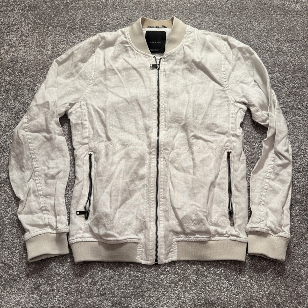 Zara Man Bomber Jacket Mens S White 100% Linen Lightweight Minimalist Coastal